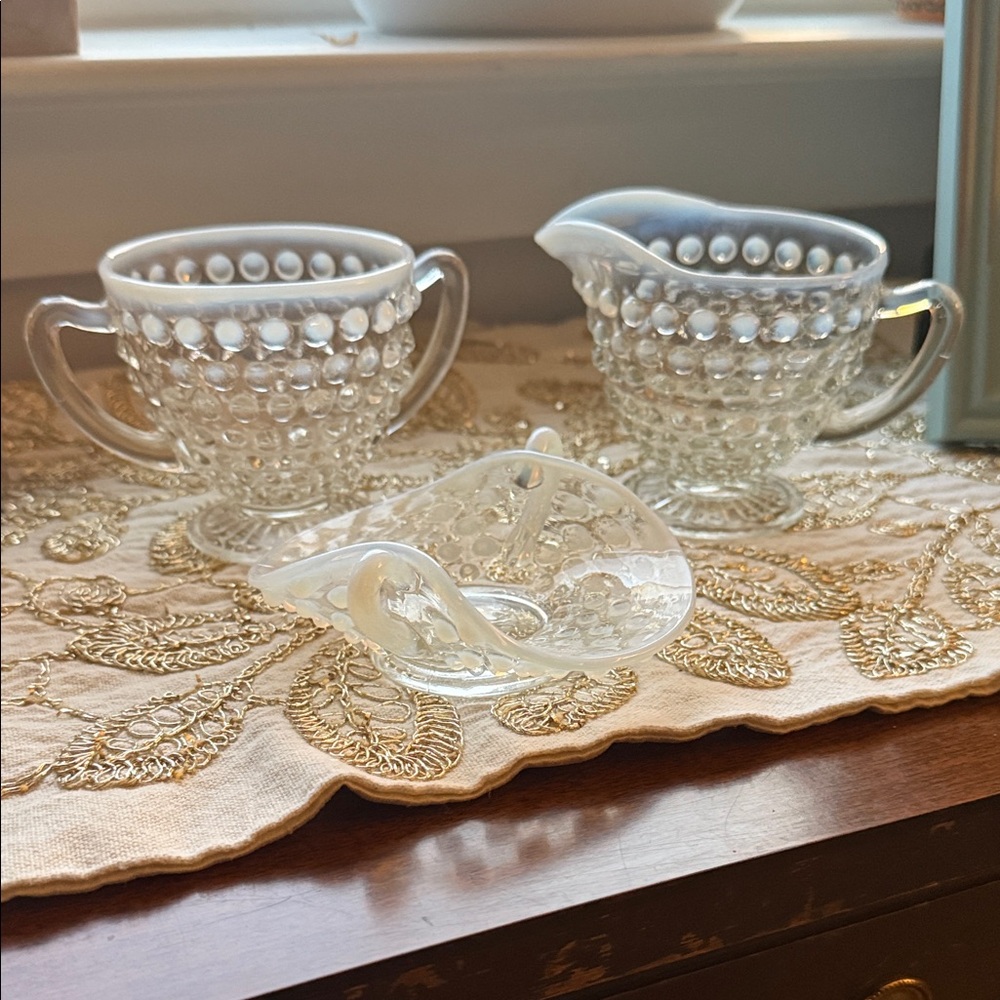Anchor Hocking Moonstone Hobnail Sugar and Creamer 3 piece set - Vintage
